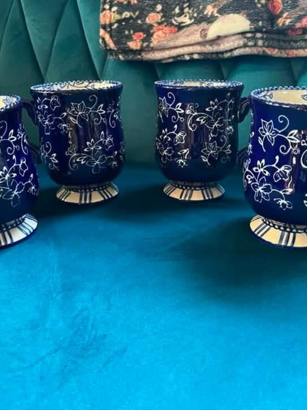 Discontinued Design Temptations Deep Blue Floral Footed Ceramic Mugs - Set of 4